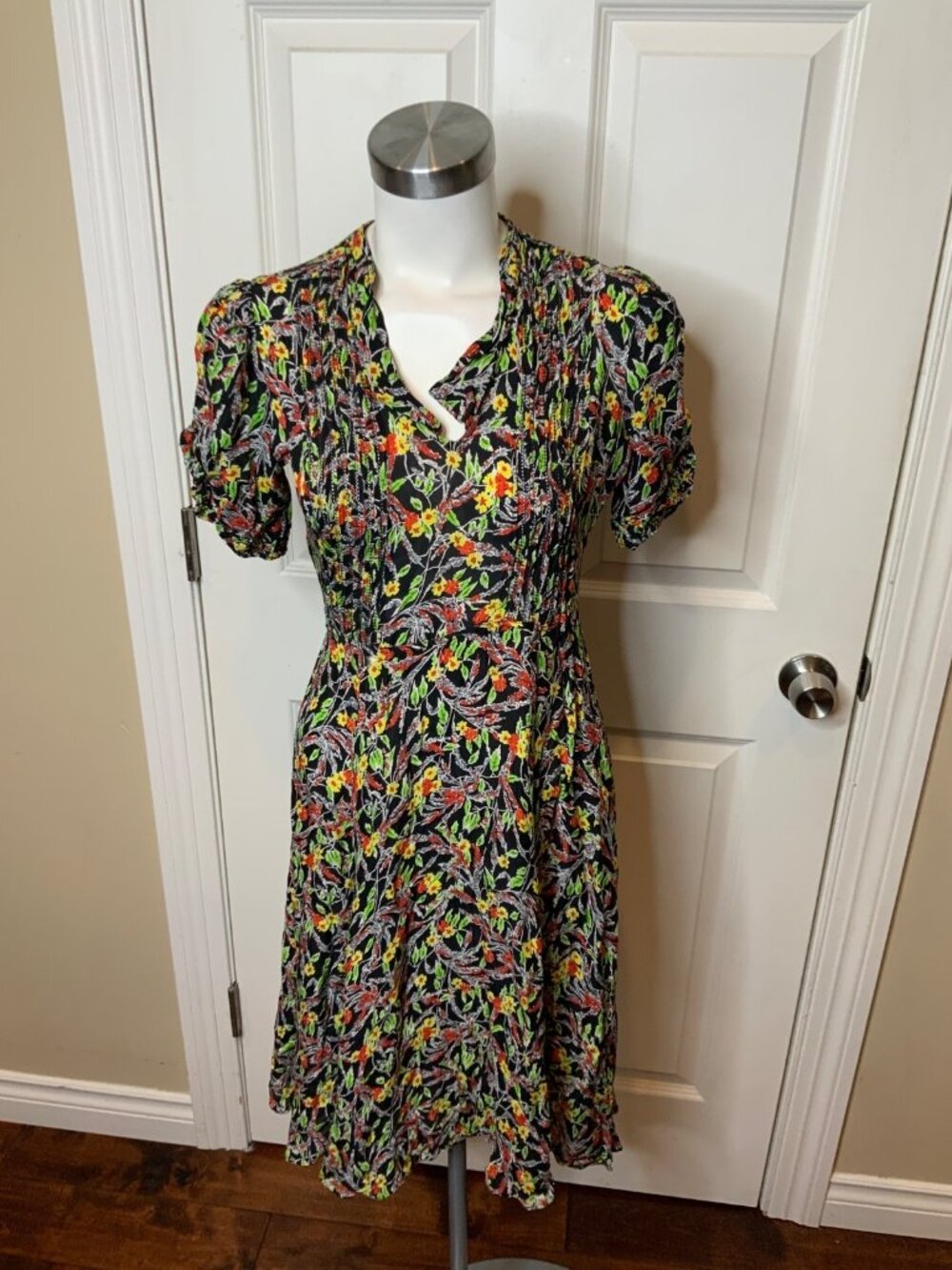 Polo Ralph Lauren Black Multicolor Floral, Grace Midi Dress Silk Blend, Size 0